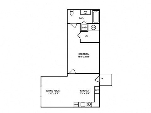 Floor plan for 1 bed, 1 bath, 650 sqft